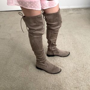 Rue21 Thigh High Boots Flat Size 7.5 Beige Taupe Tie Back
